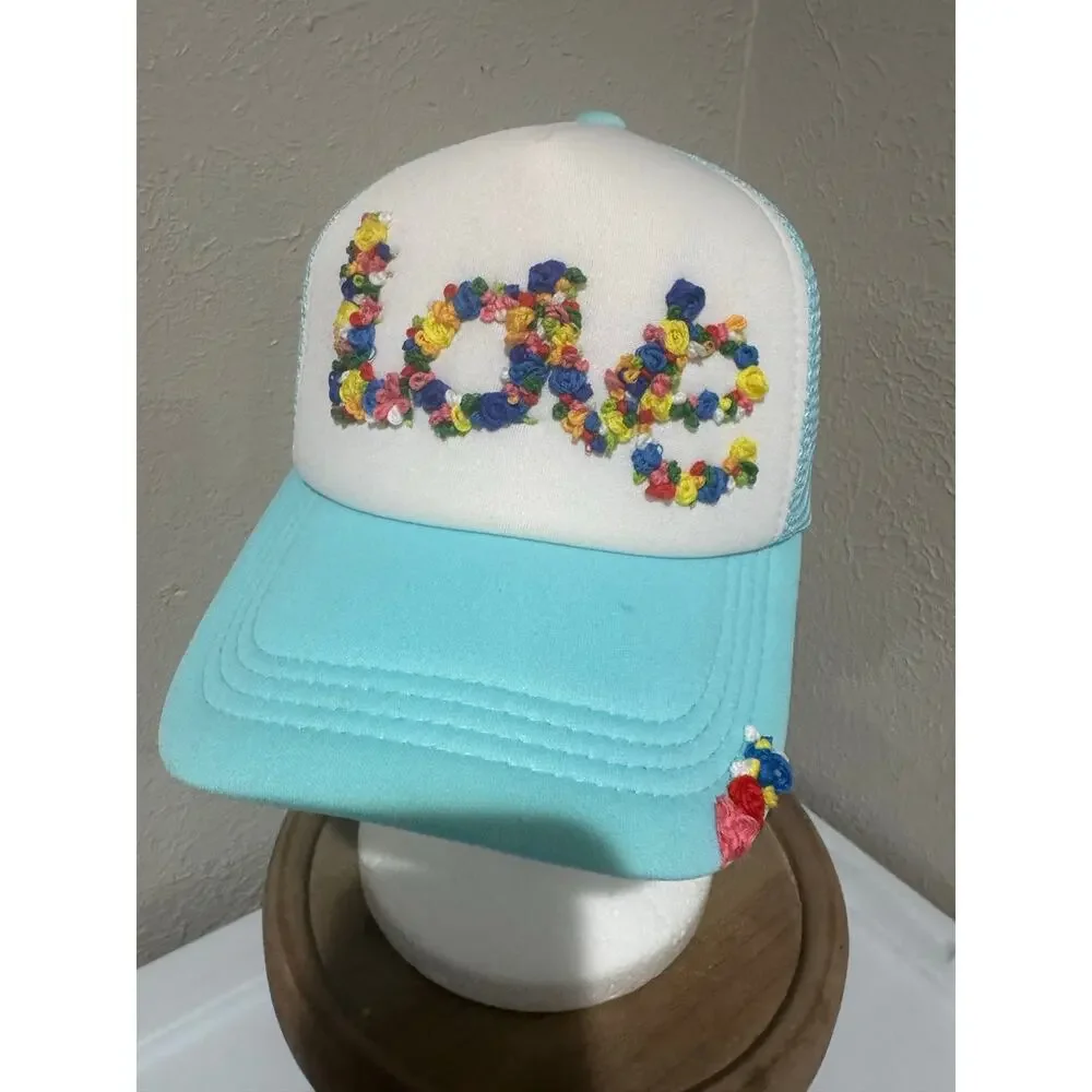 Hand Embroidered LOVE Floral Truckers Hat